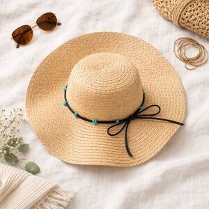 Floppy Straw Sun Hat with Blue Accents